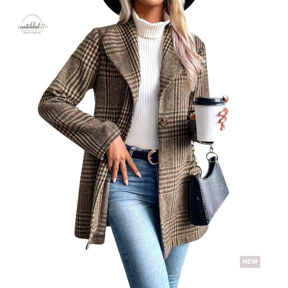 Oversized Plaid Blazer Jacket Business Casual Open Front Long Sleeve